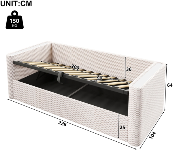 Merax Einzelbett 90x200 cm, Polsterbett Tagesbett, Daybett, Schlafsofa, mit LED-Beleuchtung, mit hydraulischem Stauraummechanismus, , Samt, beige Bild 4