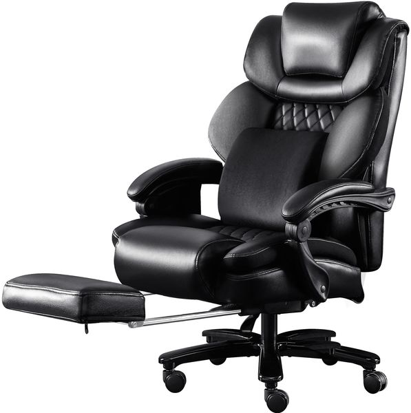 Bürostuhl, ergonomischer XXL-Drehstuhl bis 230 kg mit Massagefunktion, verstellbarer Rückenlehne, Fußstütze & Taillenkissen, Leder, Schwarz