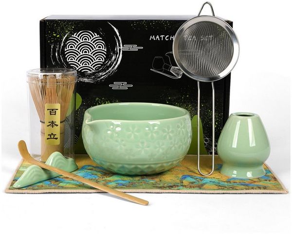 OSTWOLKE Teeservice Matcha Set 7-Teiliges Keramik, Bambusbesen, Schale & Zubehör, Matcha Tee Set für Matcha-Liebhaber