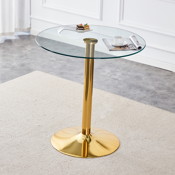 Bartisch 89x89x92 cm aus Glas und Metall, transparent, goldfarben, mit runder Glasplatte