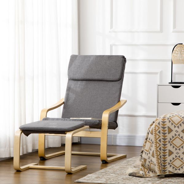 Loungesessel-Set mit Fußhocker 66,5 x 80 x 99 cm – Leinenoptik, Armlehnen und Holzgestell