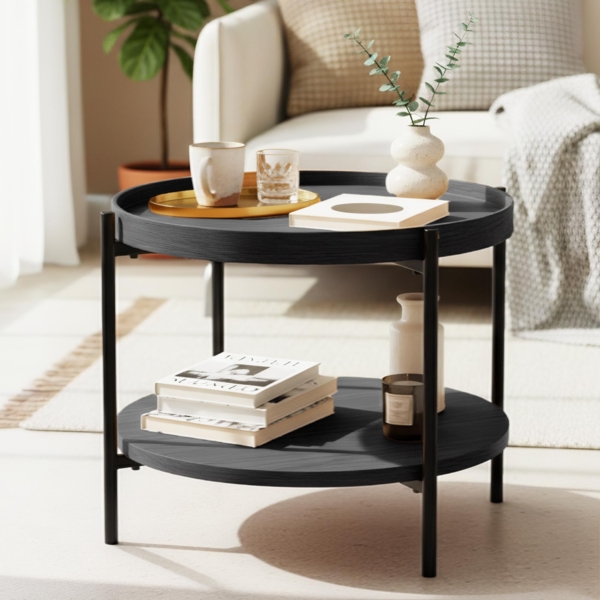 CLP Couchtisch Corbitan rund aus Holz 2 Ebenen Metallgestell schwarz,grau Ø 50 cm