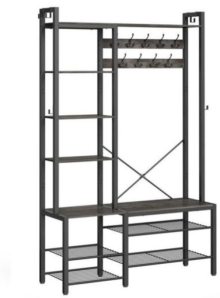 Vasagle Garderobenständer mit Schuhbank, Garderobe, 5 Regalebenen aus Spanplatten, 9 Dreifach-Haken, 6 seitliche Haken, Holzspanplatte, Stahl, steingrau-tintenschwarz, 40 x 120 x 190 cm