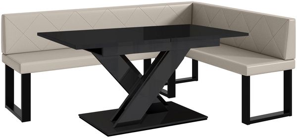 MEBLINI Eckbank für Esszimmer mit ausziehbarem Tisch - Küchenbank - Essecke - Sitzecke Küche - ERIC - U-Beine 142x196x87cm Rechts - Beige Kunstleder/B Schwarz Hochgl.