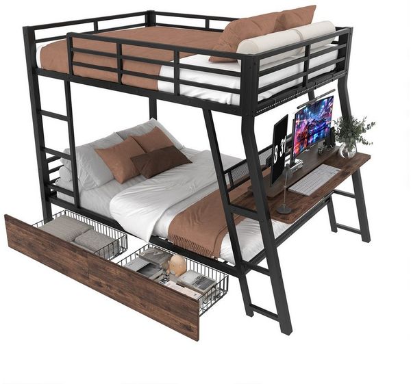 OKWISH Etagenbett Kinderbett Metallbett (mit LED-Beleuchtung & Schreibtisch, Metallrahmen mit Schubladen & Treppe, perfekt für Studenten & Familien 140x200 cm), mit Matratze