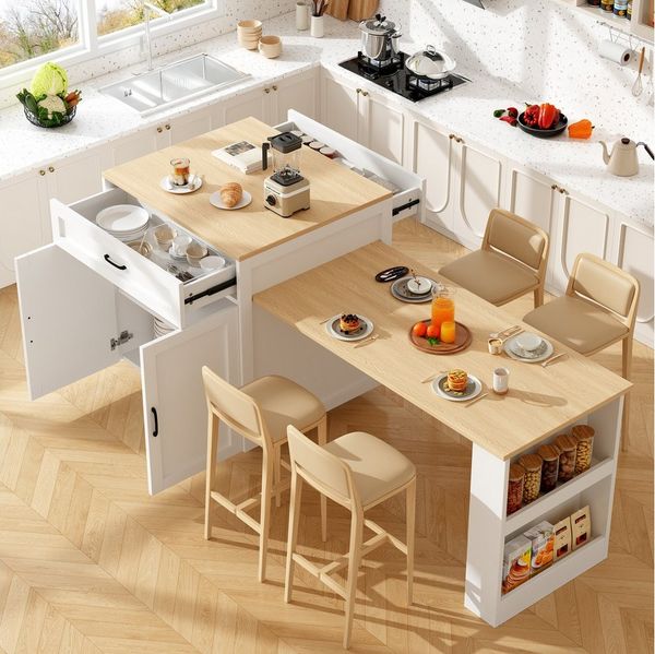 Flieks Kücheninsel mit ausziehbarer Esstisch, (Schrankmaße: B80/T70/H93,5 cm, Tischmaße: B124/T59/H75 cm), Küchenschrank mit Arbeitsplatte, 2 Schublade und 4 Fächern Buffet