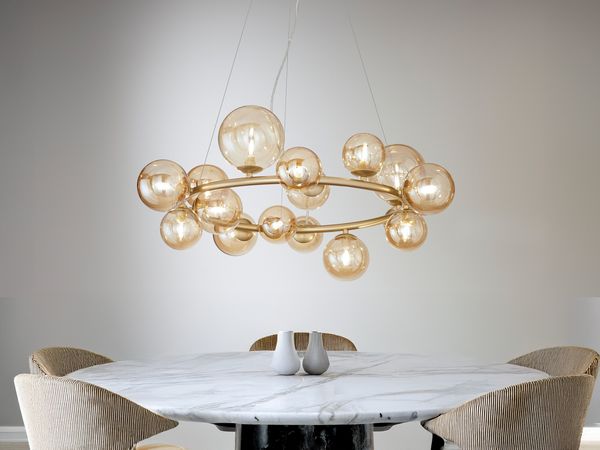 Pendelleuchte HONEY 16-flammig Gold-Glaskugeln Bernsteinfarbig, Ø 82cm