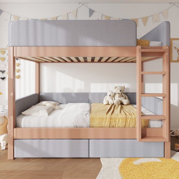 Etagenbett mit gepolstertem Rausfallschutz und Schubladen, 90x200cm, Kinderbett mit Trittleiter und Lattenrost, Massivholz