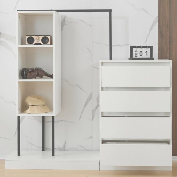 MODFU Garderoben-Set mit mehrere Stauraumzonen, (Schubladenschrank, Kleiderschrank-Set, 1-St, mit 4 Schublade, Kleiderbereich und 3 offener Fächer), H135/B100/T40 cm