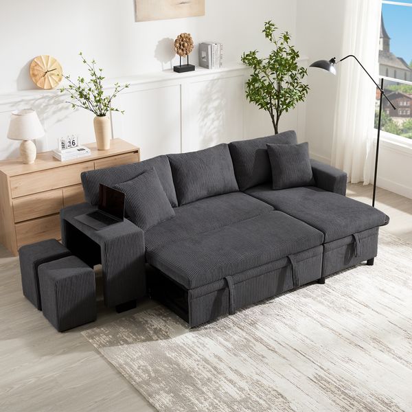 Klappsofa mit Schlaffunktion, L-förmiges umbaubares Ecksofa mit USB-Ladeanschluss und Kissen, 3-Sitzer-Umbausofa mit Seitenablagen und Stauraum, Grau