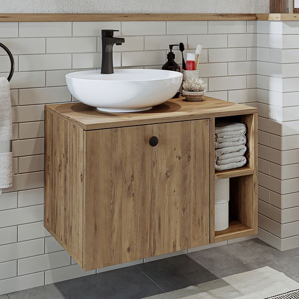 Roomart LOTUS-I-65 Badmöbel Set– 2-teiliges Badezimmermöbel Set - Waschbecken mit Unterschrank - H 45 x B 45 x T 65 cm • Eiche