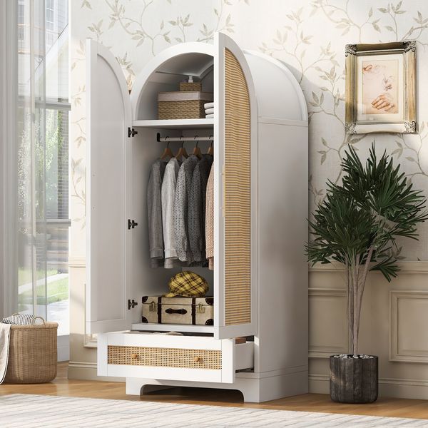 Merax Kleiderschrank 70*55*170cm, Doppeltüren-Design, mit Schubladen und Ablagefächern, Türen aus Kunstrattan, Weiß