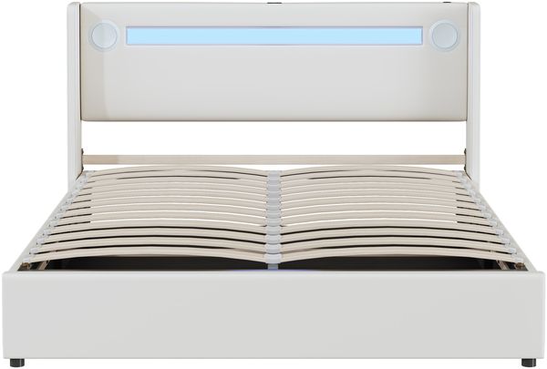 Merax Polsterbett 160x200 Bett mit LED-Lichtleiste, Bluetooth-Player und USB-Aufladung, Stauraumbett aus PU-Leder, Doppelbett Weiß