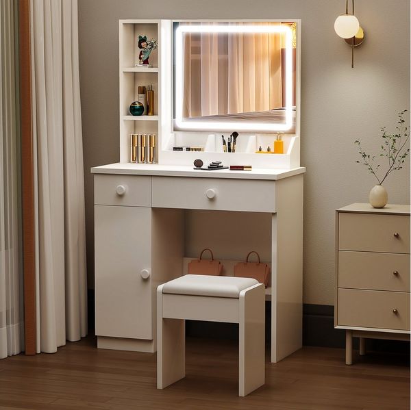 oyajia Schminktisch Frisiertisch, Kosmetiktisch, 2 Schublade und offene Ablagen (Mit 3 Staufächern), Dimmbare Beleuchtung (3 Farbmodi), Für Schlafzimmer Modernes Weiß