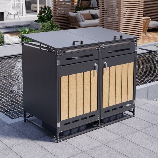 Flieks Mülltonnenbox, Mülltonnenschrank für 2 Tonnen 120–240L mit hydraulik Deckel & Schloss