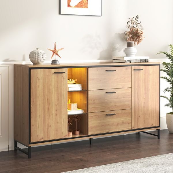 Sideboard mit drei Schubladen, exquisite Maserung. Modernes Sideboard in Holzfarbe mit Ablagefächern – stilvolle und funktionale Wohnmöbel. Schwarz und Holzfarbe.