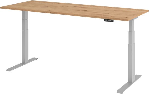 bümö elektrisch höhenverstellbarer Schreibtisch 200x80 cm in Asteiche, Gestell silber mit Memory-Steuerung, elektrischer Bürotisch höhenverstellbar Gaming Tisch, XDKB20-R-S