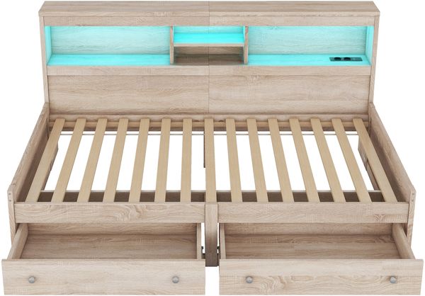 Daybett, 90*200cm Tagesbett, Schlafsofa, Nachtkästchen,Bett mit 2 USB- und 2 Ladebuchsen, Ambiente-Beleuchtung, Bett mit zwei Schubladen, Bett mit Lattenrost (ohne Matratze), Spanplatte, Natur Bild 10