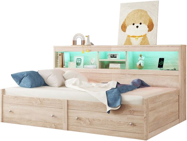 Daybett, 90*200cm Tagesbett, Schlafsofa, Nachtkästchen,Bett mit 2 USB- und 2 Ladebuchsen, Ambiente-Beleuchtung, Bett mit zwei Schubladen, Bett mit Lattenrost (ohne Matratze), Spanplatte, Natur Bild 7
