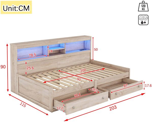 Daybett, 90*200cm Tagesbett, Schlafsofa, Nachtkästchen,Bett mit 2 USB- und 2 Ladebuchsen, Ambiente-Beleuchtung, Bett mit zwei Schubladen, Bett mit Lattenrost (ohne Matratze), Spanplatte, Natur Bild 9