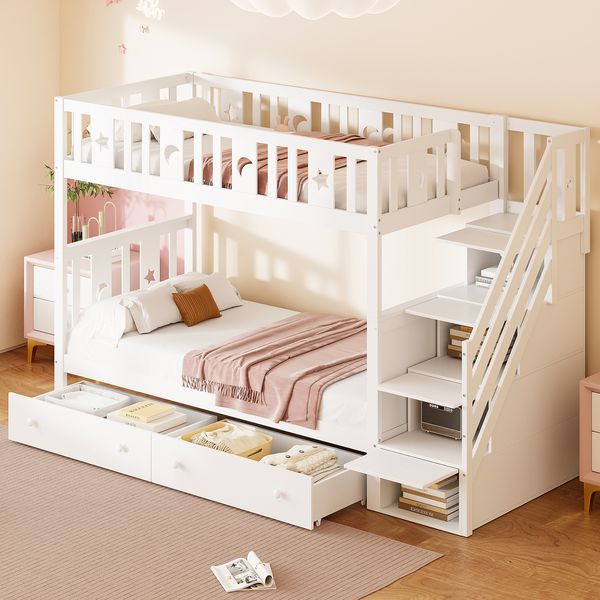 Etagenbett 90x200 cm aus Holzmaterial mit Stauraumleiter, Schubladen, Lattenrost und Sternen-Mond-Design, Weiß