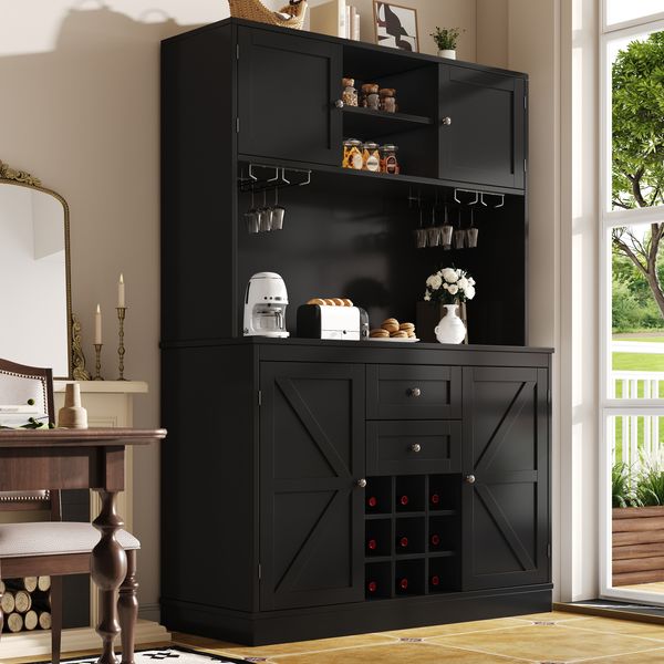 Küchenschrank mit verstellbaren Ablagen & Weinregal, Hochschrank Küchenbuffet mit 4 Türen & 2 Schubladen, Sideboard für Küche & Wohnzimmer, Buffetschrank, Schwarz