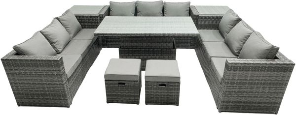 Fimous U Form Polyrattan Gartenmöbel Lounge Sofa Set Steigender Verstellbarer Anhebender Esstisch mit 2 Beistelltisch Extra Hocker