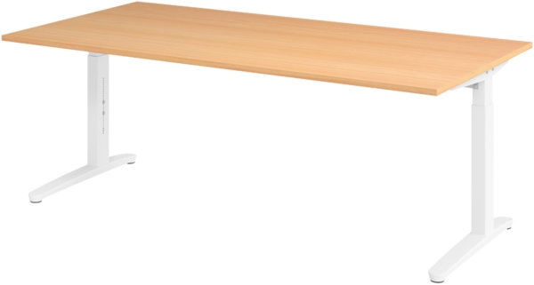 bümö manuell höhenverstellbarer Schreibtisch 200x100 in Buche, Gestell in weiß - PC Tisch höhenverstellbar & groß, höhenverstellbarer Tisch Büro, großer Computertisch verstellbar, X2E-6-WW