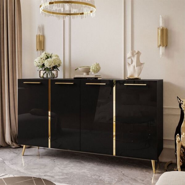 ALLHOUSE24 Kommode DIAMANT GOLD schwarz oder weiß Glanz goldene Metallfüße Sideboard, Breite 158 cm