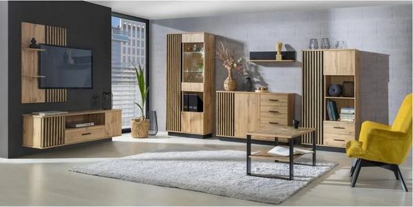 Beautysofa Vitrine LAMELO mit Türen und Holzlamellen moderner Stauraumschrank, Geschlossene Front, Hochwertige Materialien