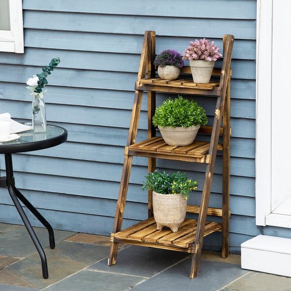 Novzep Blumenständer 3-Etagen Pflanzenständer, klappbarer 93 cm hoch Blumenständer (1 St, Blumentreppe für Wohnzimmer, Garten Balkon, Dunkelbraun), Pflanzenregal aus Holz, Blumentopfständer mit Tabletts