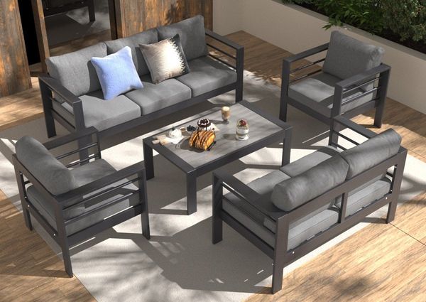 MeXo Gartenlounge-Set Gartenmöbel Set Aluminium, (12cm Deluxe Relax-Sitzkissen, 5-tlg, Belastbarkeit pro Sitzplatz 140kg), Lounge Gartenmöbelset xxl, pflegeleichte Polywood-Tischplatte