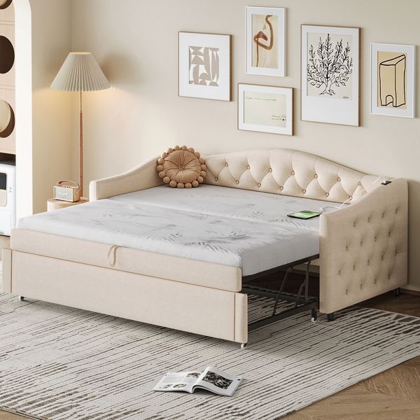 Beiges Schlafsofa 90x200 cm Mit USB Ladeanschluss Und Ausziehbett Leinenbezug Multifunktionsmöbel 2-in-1 Design Sofabett