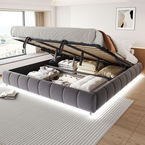 Polsterbett 180 x 200 cm, Ohne Kopfteil, mit LED-Lichtleiste (einfarbig), Hydraulischer Schwebebettrahmen mit Stauraum,Einzelbett, Jugendbett, Grau