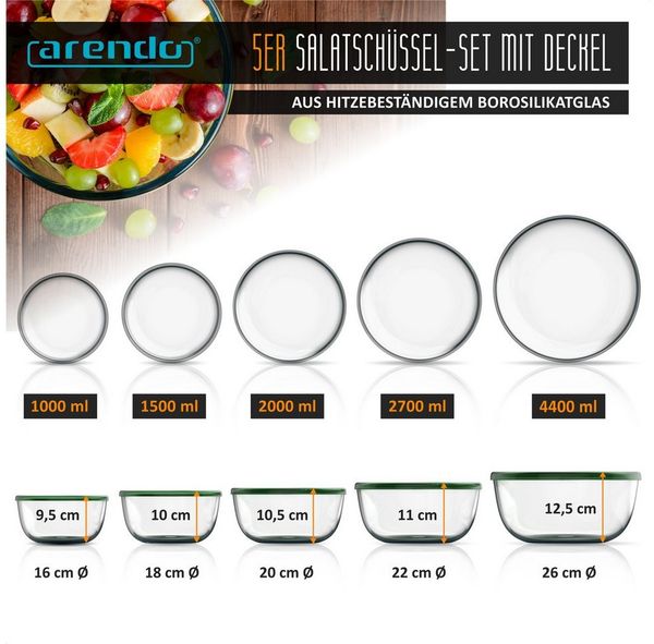 Arendo Salatschüssel 5x Glasschüsseln + Deckel 1L, 1,5L, 2L, 2,7L & 4,4L, Glas Rührschüssel, Glas, (5er Set, 5-tlg), Glasschale, BPA-frei, Spülmaschinen und Mikrowellen geeignet Bild 2