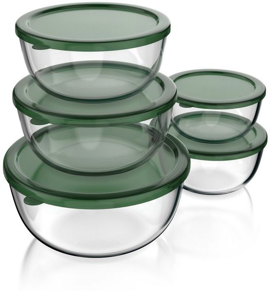 Arendo Salatschüssel 5x Glasschüsseln + Deckel 1L, 1,5L, 2L, 2,7L & 4,4L, Glas Rührschüssel, Glas, (5er Set, 5-tlg), Glasschale, BPA-frei, Spülmaschinen und Mikrowellen geeignet