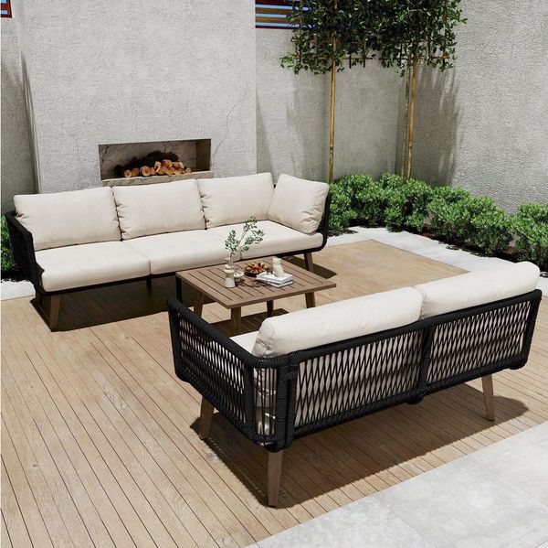 STILVORA Gartenlounge-Set Gartenmöbel-Set mit Sofa und Couchtisch, verzinktes Stahlrohr, (Outdoor Loungeset mit Tischplatte in Holzmaserungsfarbe, Couchtisch geflochtenes Seilhandwerk), für den Garten