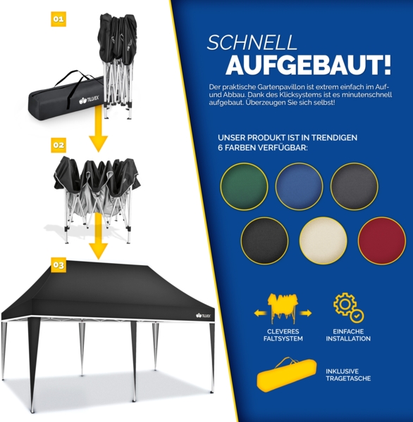 tillvex Pavillon 3x6m - mit 3 Seitenwänden Schwarz wasserdicht | Pop-Up Faltpavillon höhenverstellbar | Gartenzelt UV Schutz 50+ | Partyzelt mit Tasche für Garten Bild 5