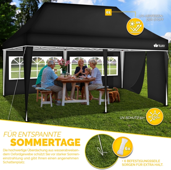 tillvex Pavillon 3x6m - mit 3 Seitenwänden Schwarz wasserdicht | Pop-Up Faltpavillon höhenverstellbar | Gartenzelt UV Schutz 50+ | Partyzelt mit Tasche für Garten Bild 7