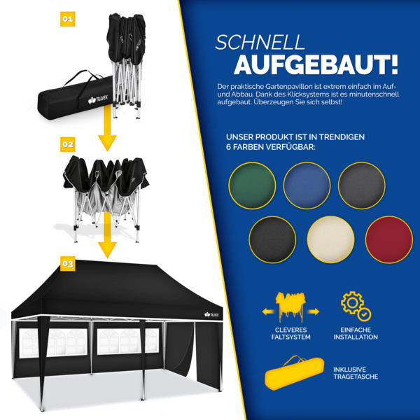 tillvex Pavillon 3x6m - mit 3 Seitenwänden Schwarz wasserdicht | Pop-Up Faltpavillon höhenverstellbar | Gartenzelt UV Schutz 50+ | Partyzelt mit Tasche für Garten Bild 8