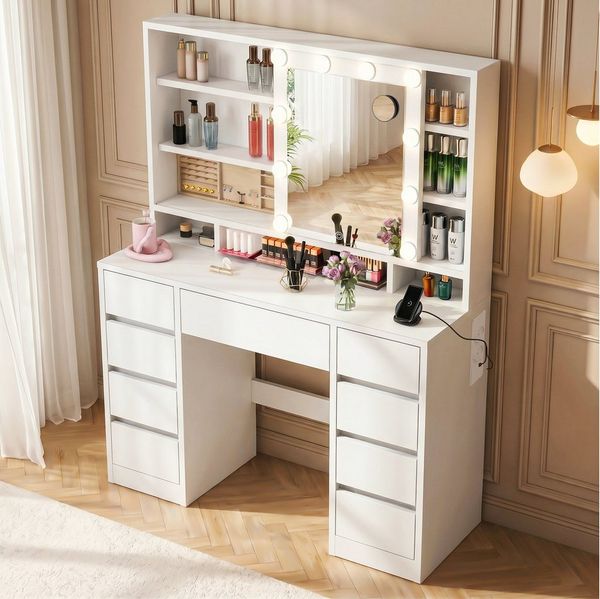 oyajia Schminktisch mit Spiegel und LED-Leuchten,9 Schubladen, Steckdosenleiste (Großer Schminktisch mit Verschiebbarer Spiegel, 110 x 40 x 141.5 cm), 9 Schubladen,3 Lichtfarben,1 Schmuckfach,für Schlafzimmer,Holz,Weiß