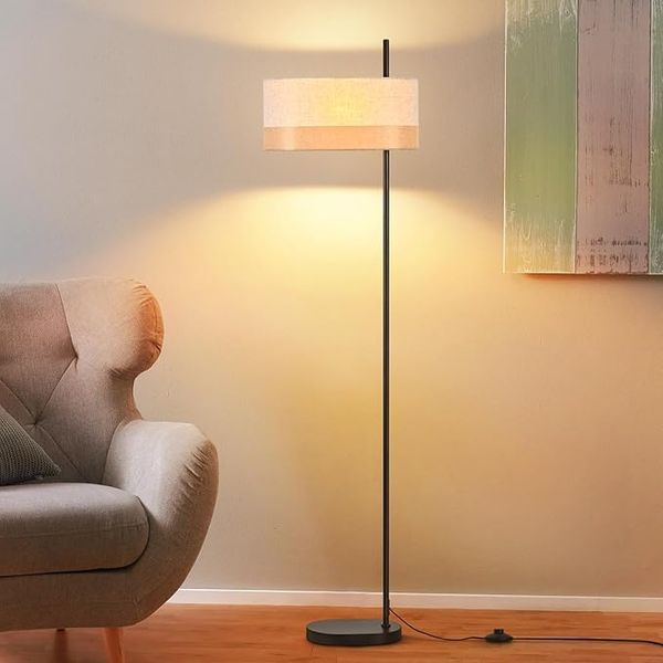 ZMH Stehlampe Vintage Stoffschirm Weiß E27 Fußschalter Retro Bodenlampe Rustikal Für Wohnzimmer Schlafzimmer Sofa Arbeitszimmer Ohne Leuchtmittel