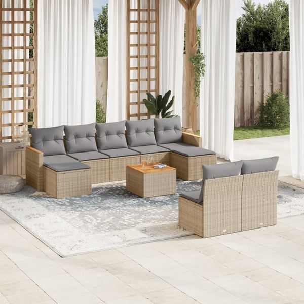 vidaXL 10-tlg. Garten-Sofagarnitur mit Kissen Beige Poly Rattan 3226381