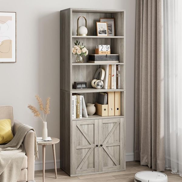 GarveeMore Bücherregal mit Türen,6 Regal Display Storage,60x30x180cm, hölzerne Bücherregal für Home Office,Wohnzimmer,weiß