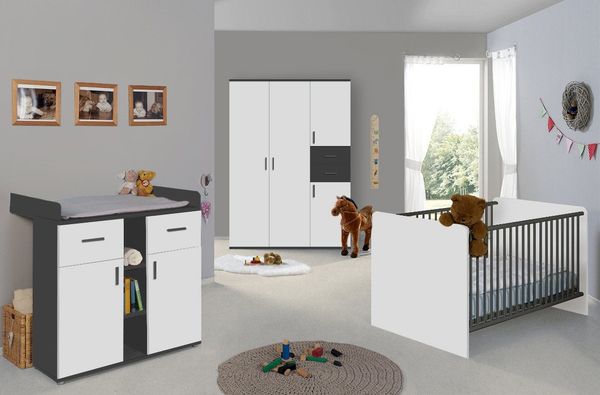 BMG Möbel Babyzimmer-Komplettset Kinderzimmer Set Elli, (Spar-Set, Kleiderschrank, Wickelkommode, Babybett), inkl. Schlupfsprossen, Farbe Weiß Anthrazit, Made in Germany
