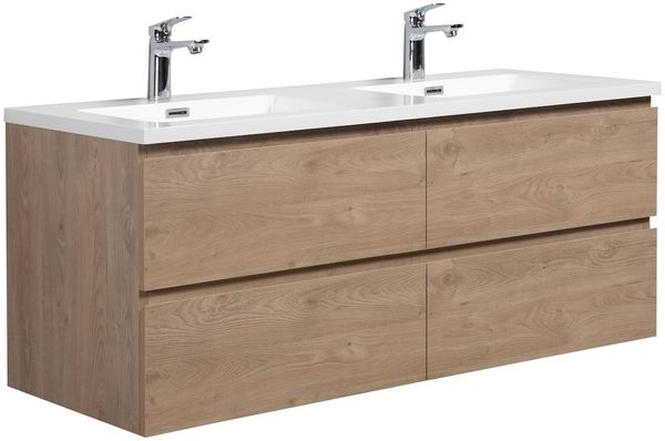 Badplaats Badmöbel Set mit Waschbecken und Unterschrank Angela 140 x 48 cm Kastanien Eiche - Waschbeckenunterschrank mit Soft-Close und Doppelwaschbecken, Vorgemontiert