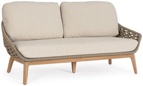 2-Sitzer Gartensofa Seram - Teakholz Natur, Seilgeflecht Taupe, inkl. Kissen