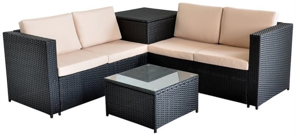 Feel2Home Garten-Essgruppe PolyRattan Sitzgruppe mit Auflagenbox in Schwarz, Grau oder Braun XXL, (2-tlg), Sicherheitsglasplatte Bild 2