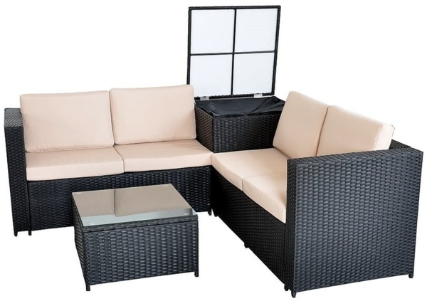Feel2Home Garten-Essgruppe PolyRattan Sitzgruppe mit Auflagenbox in Schwarz, Grau oder Braun XXL, (2-tlg), Sicherheitsglasplatte Bild 3