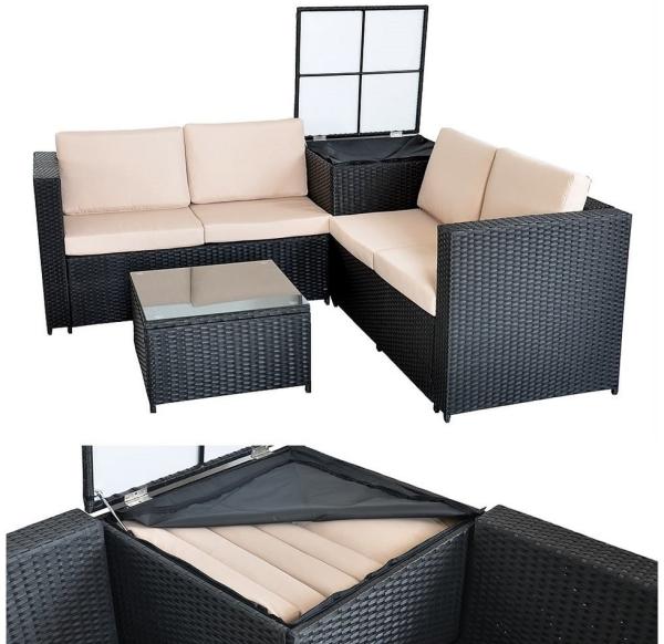 Feel2Home Garten-Essgruppe PolyRattan Sitzgruppe mit Auflagenbox in Schwarz, Grau oder Braun XXL, (2-tlg), Sicherheitsglasplatte Bild 1